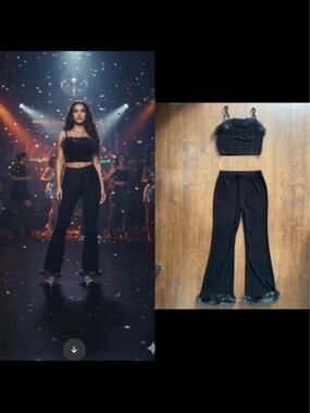 New Large Velour 2-Piece Set Crop Top n Flared Pants With Faux Fur Trim. Black